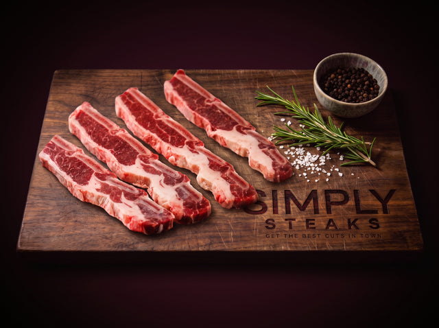 Korean-style beef steak strips on a Simply Steaks wooden board