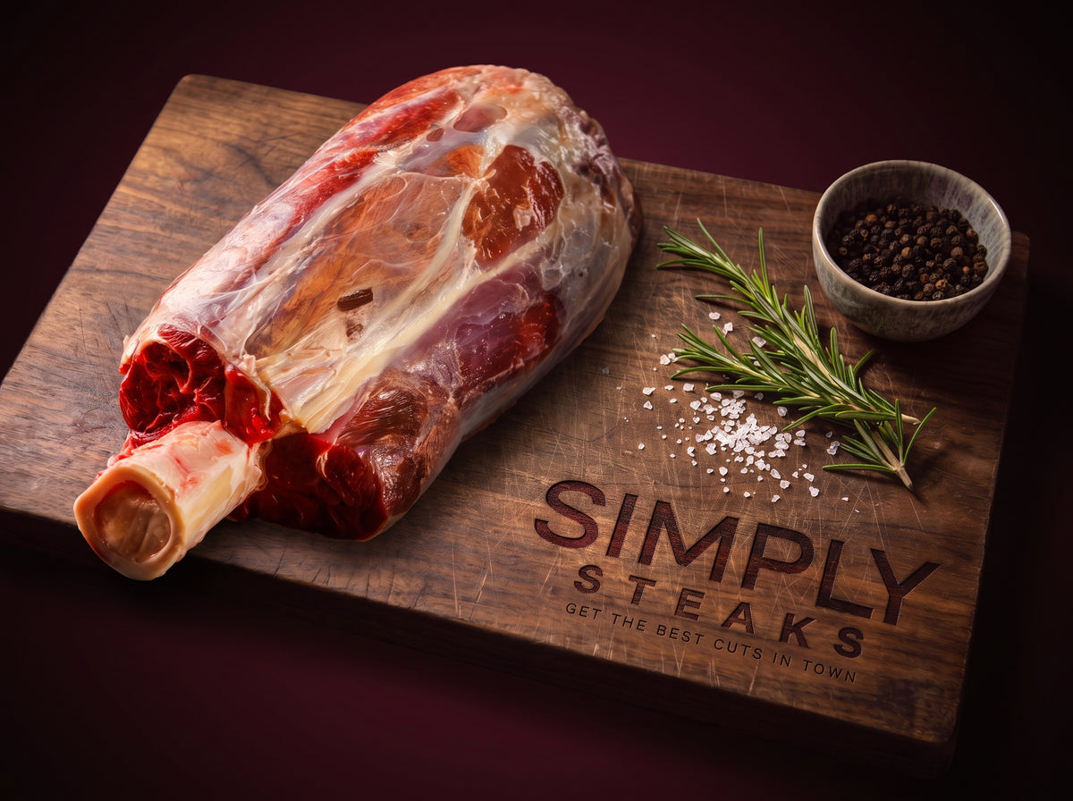 Thor's Hammer bone-in beef joint on a Simply Steaks wooden board