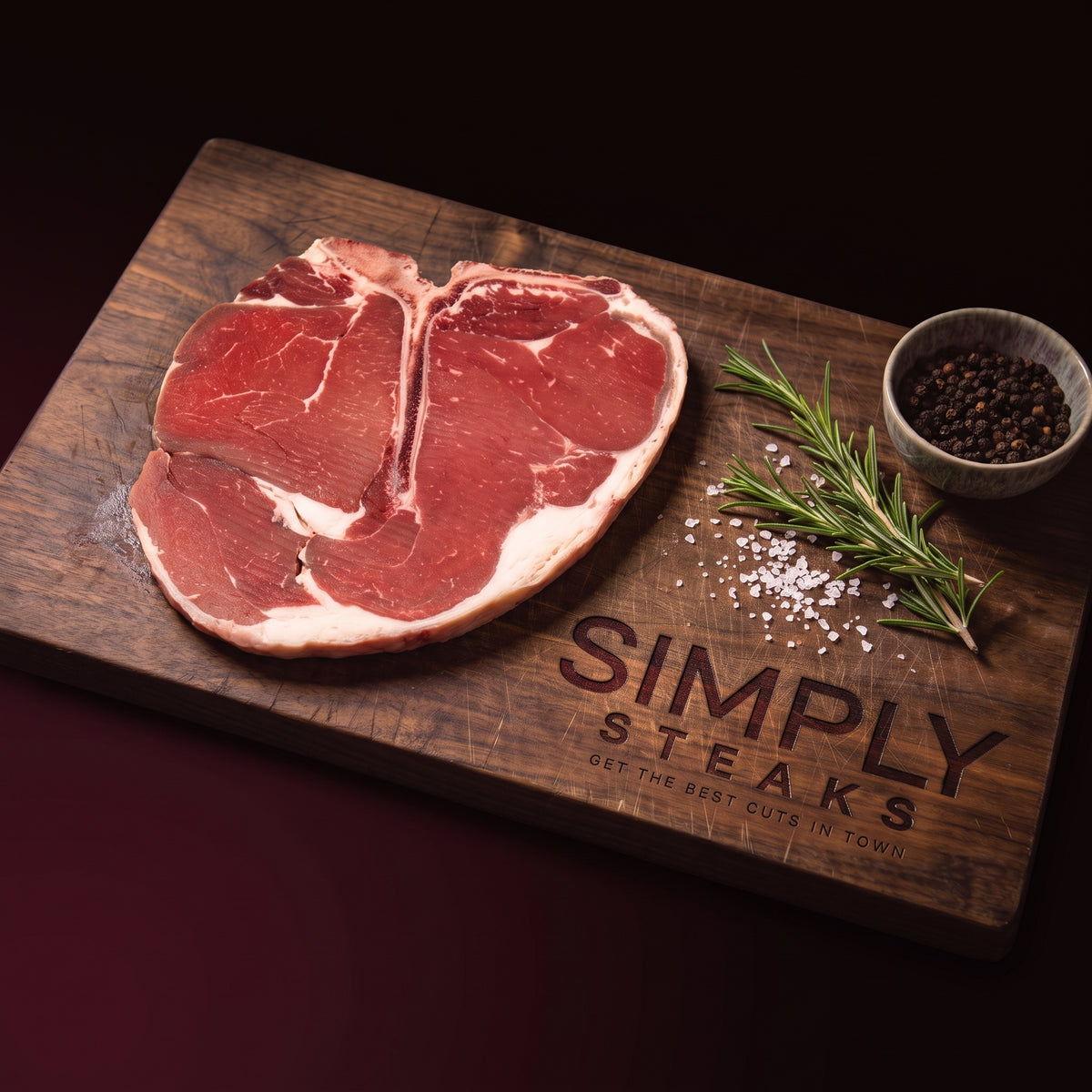Raw T-bone steak on a Simply Steaks wooden board with rosemary and black pepper