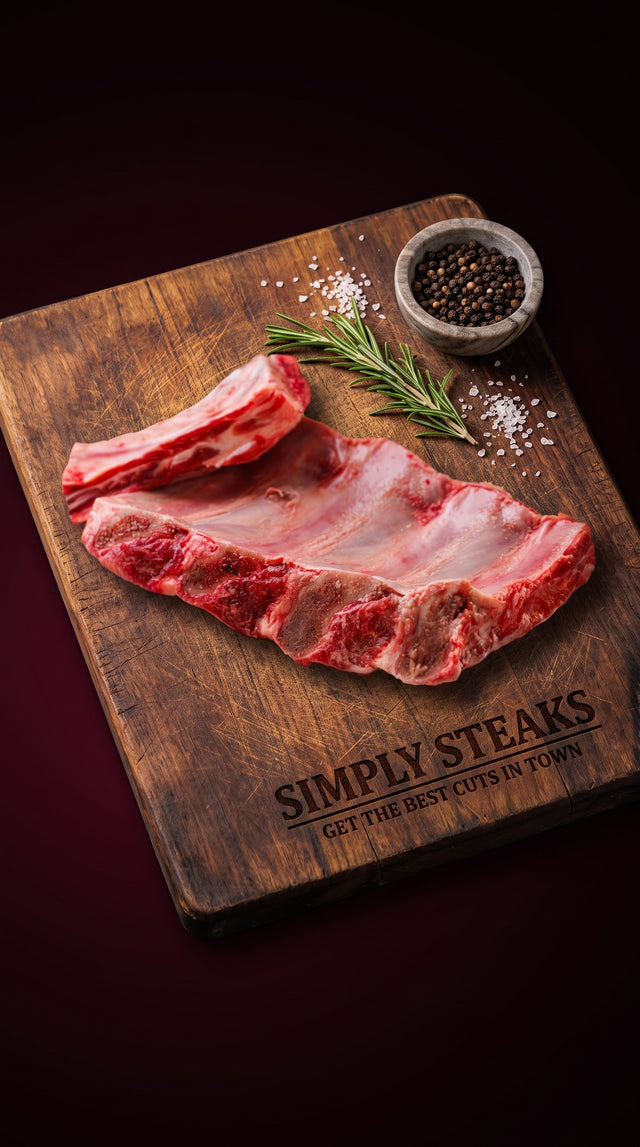 Beef back ribs on a Simply Steaks wooden board