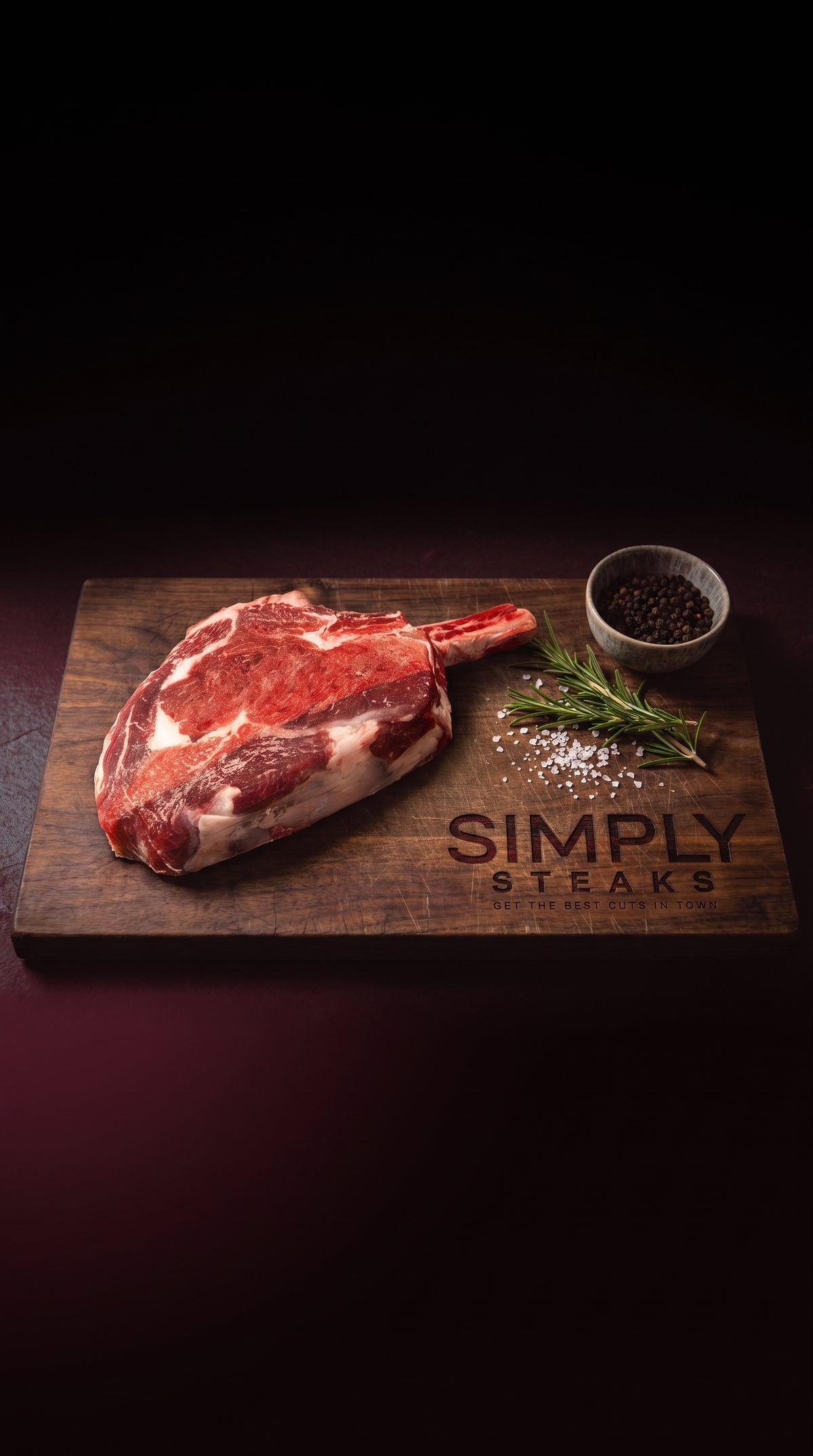 Tomahawk steak on a Simply Steaks wooden board