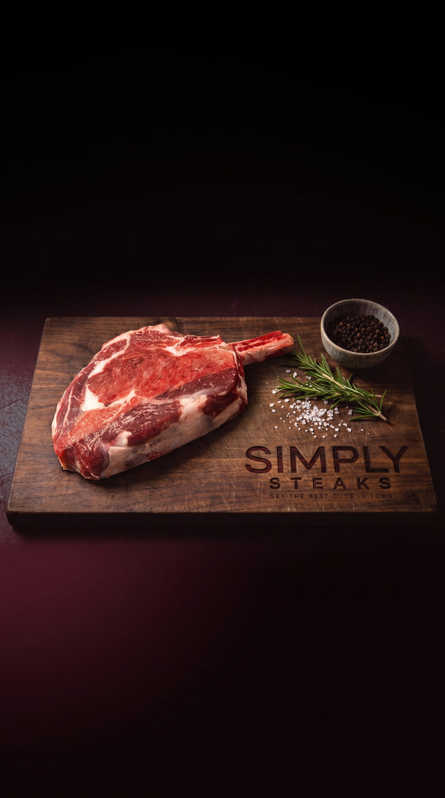 Tomahawk steak on a Simply Steaks wooden board