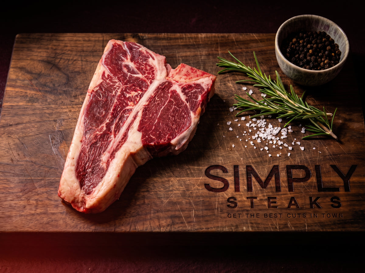 Porterhouse steak on a Simply Steaks wooden board