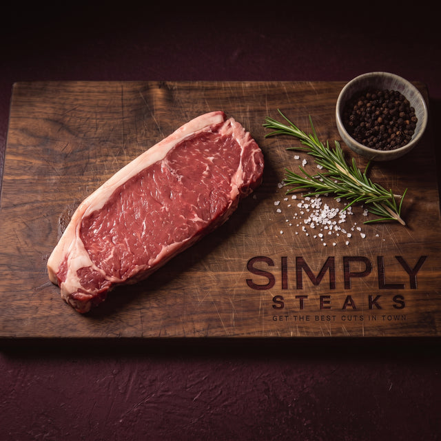 Raw sirloin steak with a fat cap on a Simply Steaks wooden board
